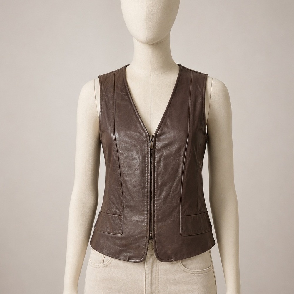 Liz Claiborne Vintage Brown Leather Zip Front Vest 90s Fall V-Neck Pockets 12